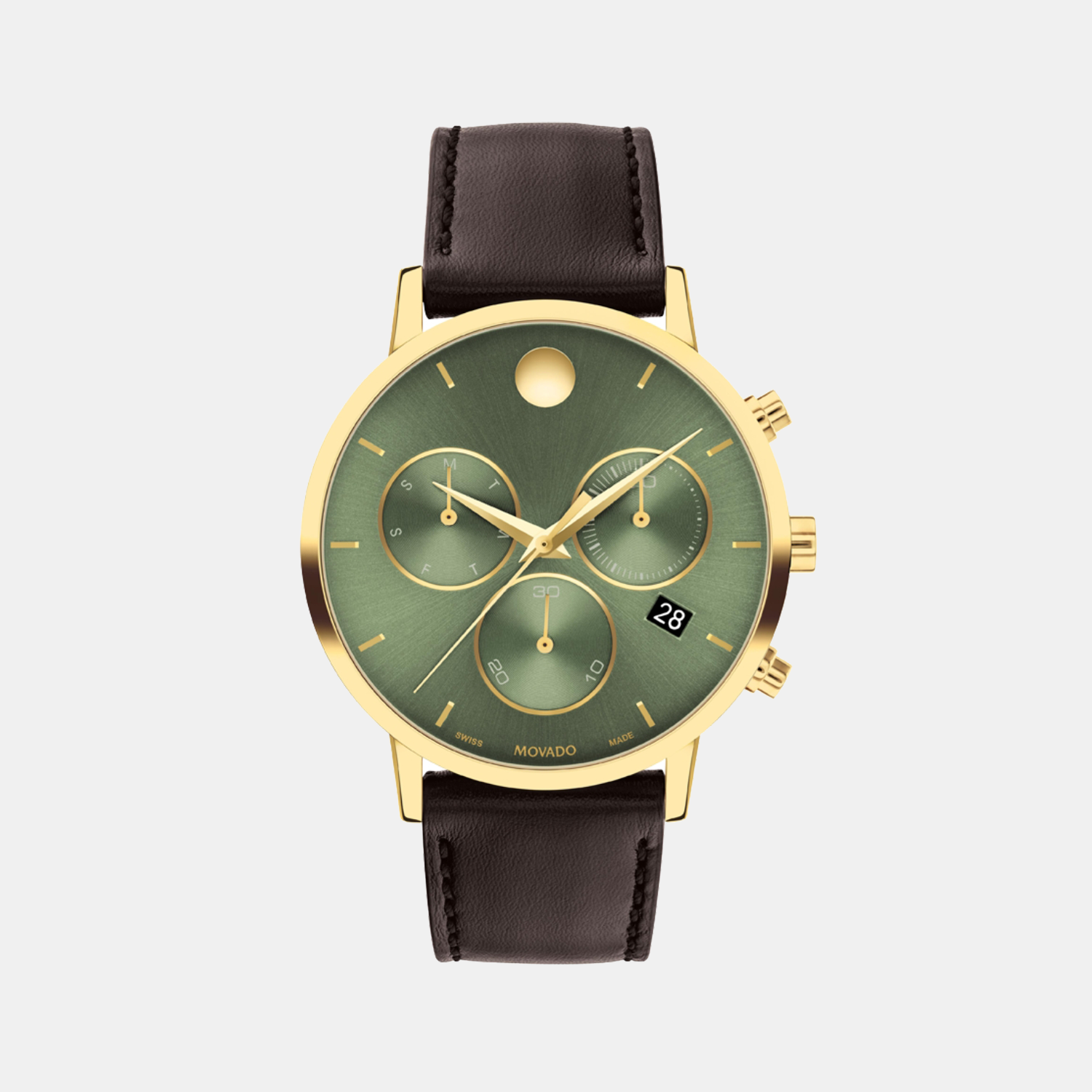 mooo Movado Men Quartz Green Dial Chronograph Leather Watch 607890
