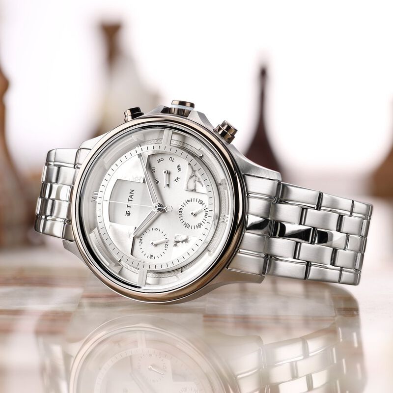Titan Grandmaster White Dial Quartz Multifunction Stainless Steel