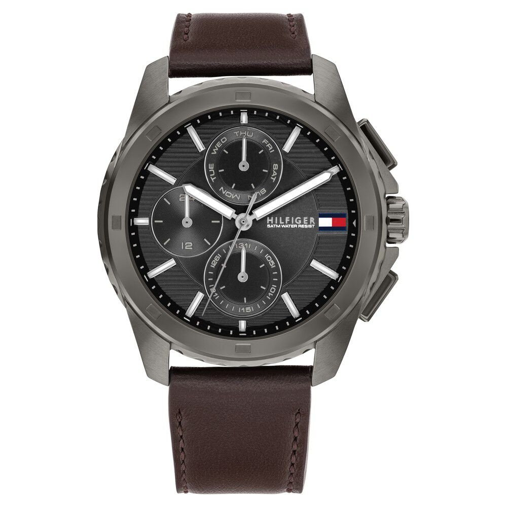Tommy Hilfiger Decker Grey Dial Brown Leather Strap Watch for Men - 1791562