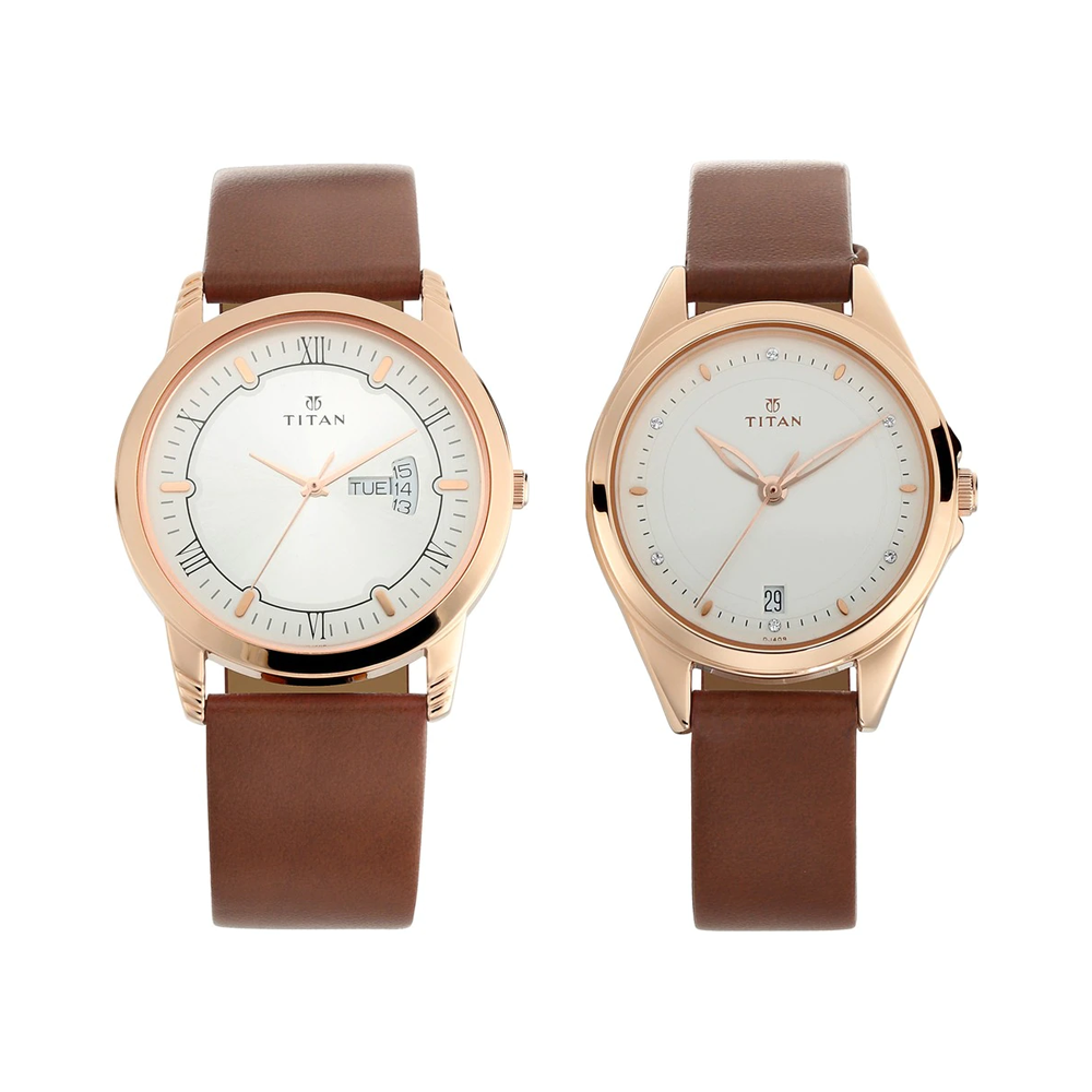 TITAN Bandhan Silver White Dial Leather Pair Watches The Watch
