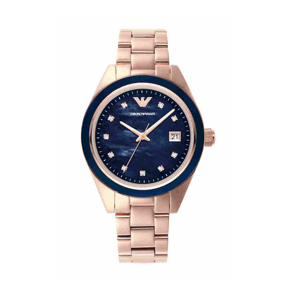 Emporio Armani Womens 36 mm Leo Blue Dial Stainless Steel Analog