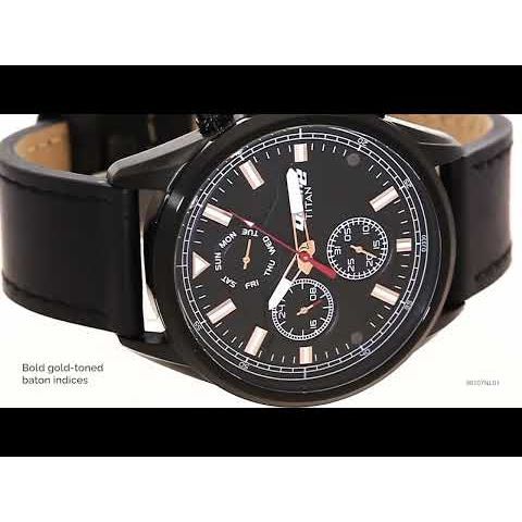 Titan Quartz Multifunction Black Dial Leather Strap Watch for Men-90107NL01