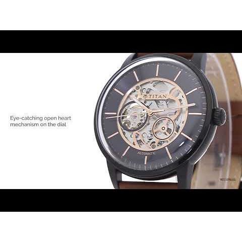 Titan Automatics Black Dial Tan Leather Strap Watch for Men-NT90110NL01