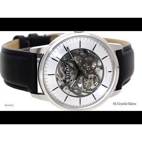 Titan Automatic Silver Dial Black Leather Strap Watch for Men-NT90110SL01