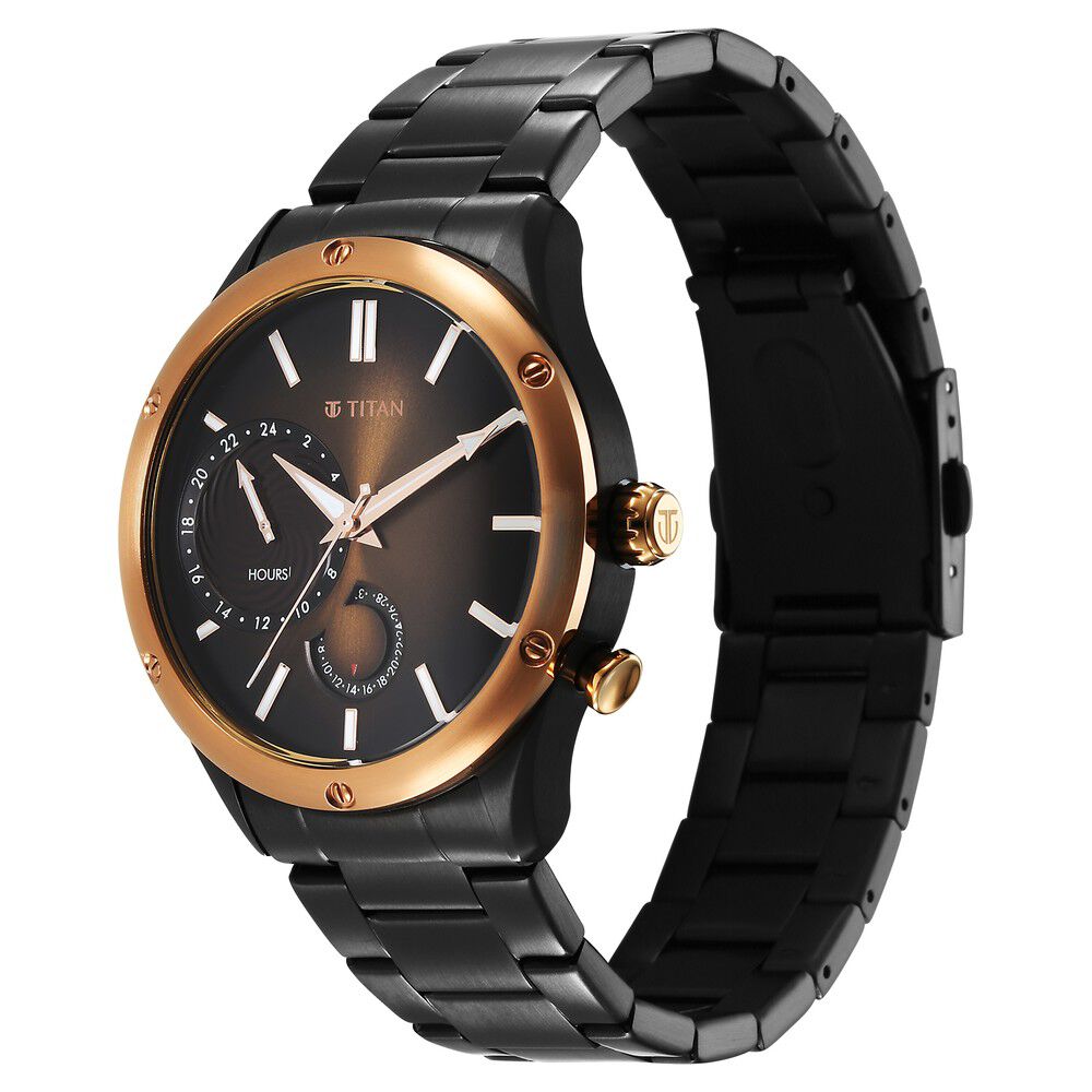 Titan Stellar Multifunction Brown Dial Black Stainless Steel Strap Watch For Men - The Watch Factory ®