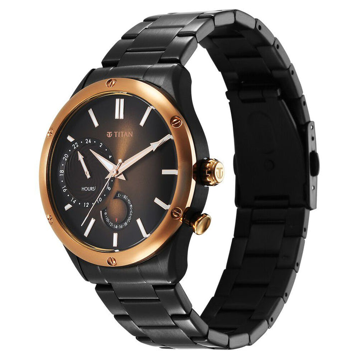 Titan Stellar Multifunction Brown Dial Black Stainless Steel Strap Watch For Men - The Watch Factory ®