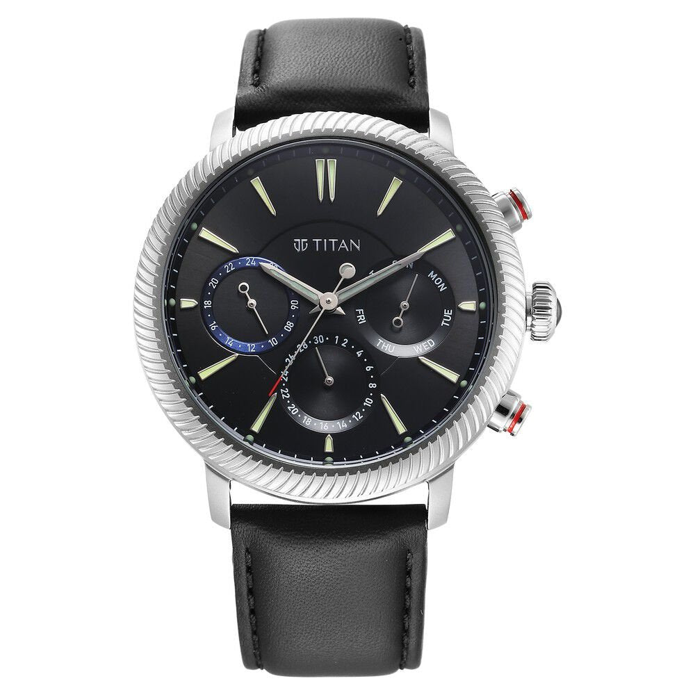 Titan Stellar Quartz Multifunction Black Dial Leather Strap Watch for Men - The Watch Factory ®