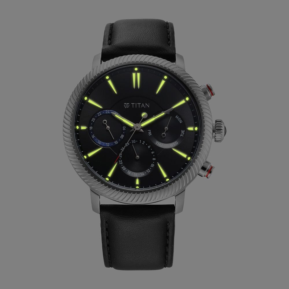 Titan Stellar Quartz Multifunction Black Dial Leather Strap Watch for Men - The Watch Factory ®