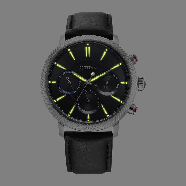 Titan Stellar Quartz Multifunction Black Dial Leather Strap Watch for Men - The Watch Factory ®