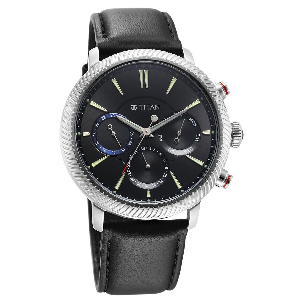 Titan Stellar Quartz Multifunction Black Dial Leather Strap Watch for Men - The Watch Factory ®