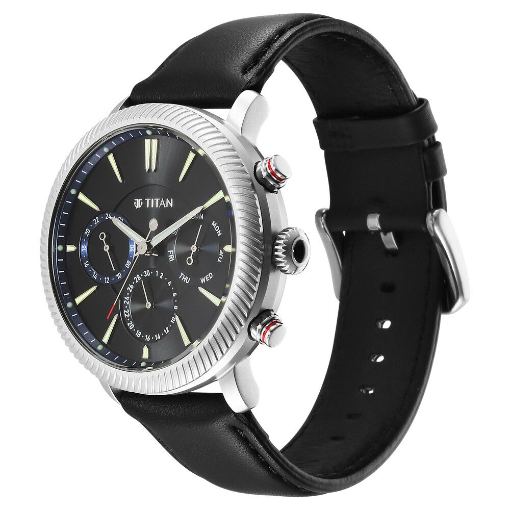 Titan Stellar Quartz Multifunction Black Dial Leather Strap Watch for Men - The Watch Factory ®