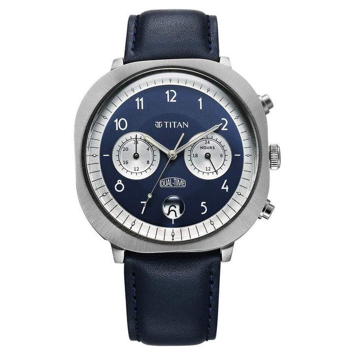 Titan Timeless Treasures Quartz Analog Dual Time Blue Dial With Blue Color Leather Strap Watch For Men 10022SL01