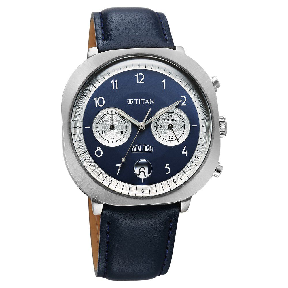 Titan Timeless Treasures Quartz Analog Dual Time Blue Dial With Blue Color Leather Strap Watch For Men - The Watch Factory ®