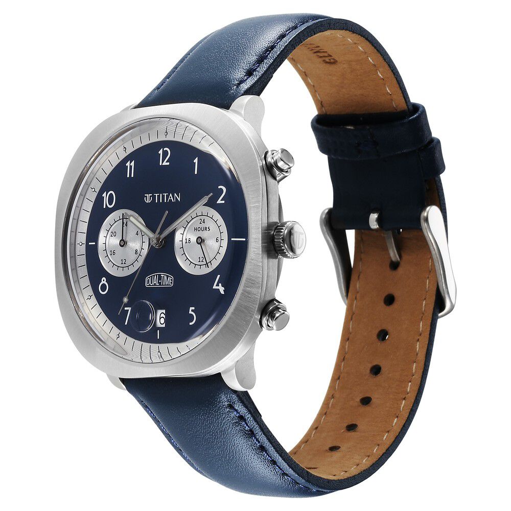 Titan Timeless Treasures Quartz Analog Dual Time Blue Dial With Blue Color Leather Strap Watch For Men 10022SL01