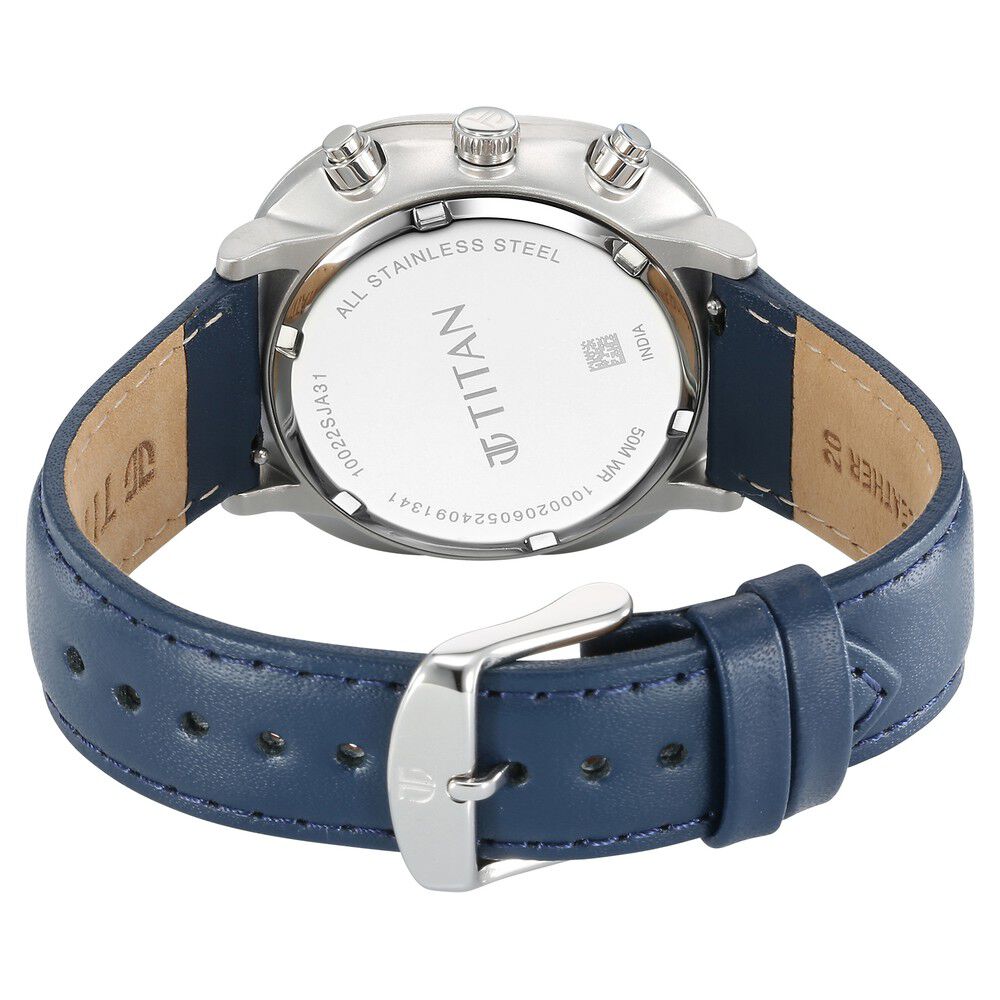 Titan Timeless Treasures Quartz Analog Dual Time Blue Dial With Blue Color Leather Strap Watch For Men 10022SL01
