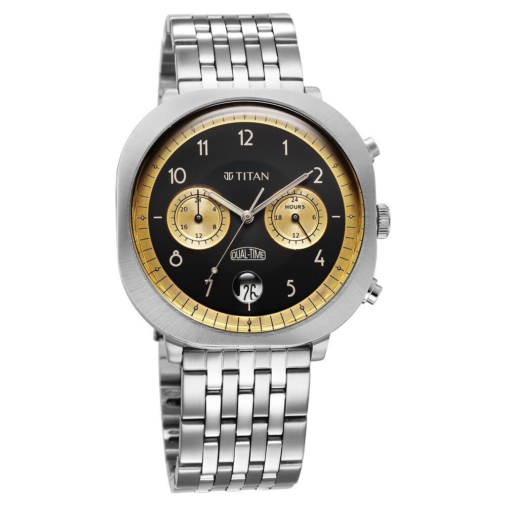 Titan Timeless Treasures Quartz Analog Dual Time Black Dial With Silver Color Stainless Steel Strap Watch For Men - The Watch Factory ®