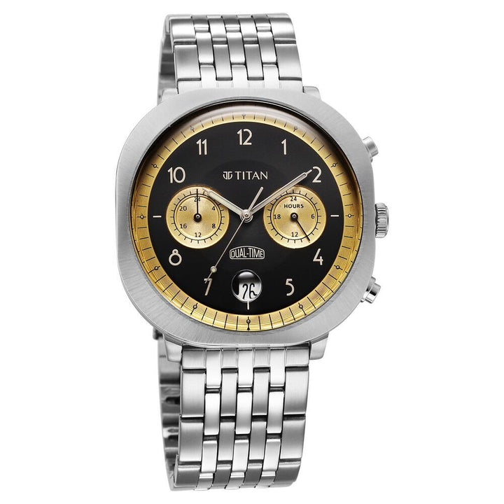 Titan Timeless Treasures Quartz Analog Dual Time Black Dial With Silver Color Stainless Steel Strap Watch For Men - The Watch Factory ®
