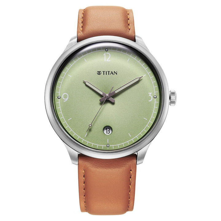 Titan Timeless Treasures Quartz Analog with Date Green Dial With Brown Color Leather Strap Watch For Men 10023SL01