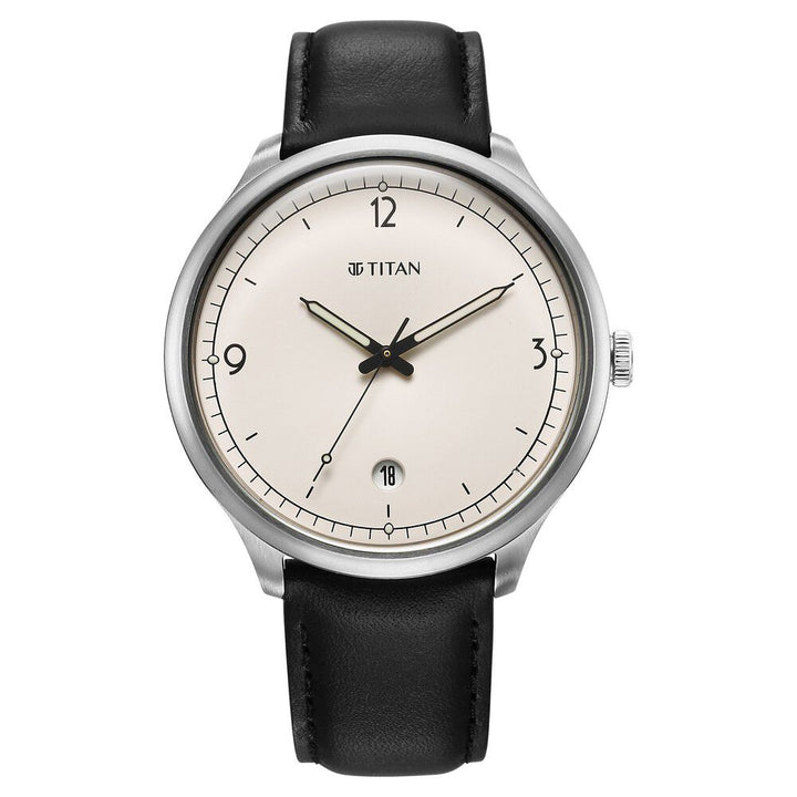 Titan Timeless Treasures Quartz Analog with Date White Dial With Black Color Leather Strap Watch For Men 10023SL05