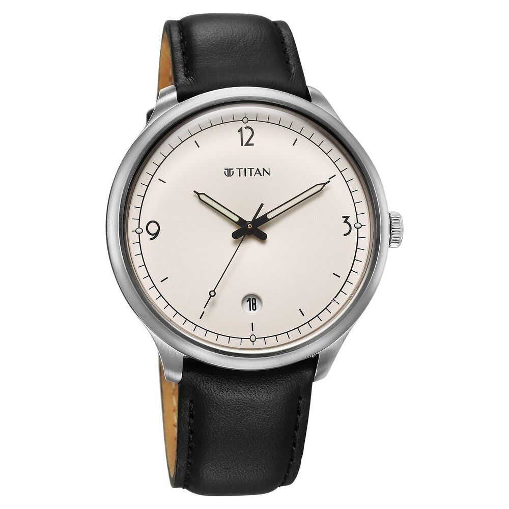 Titan Timeless Treasures Quartz Analog with Date White Dial With Black Color Leather Strap Watch For Men 10023SL05