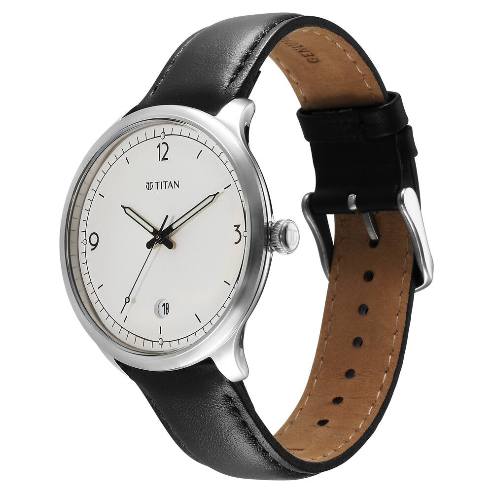 Titan Timeless Treasures Quartz Analog with Date White Dial With Black Color Leather Strap Watch For Men 10023SL05