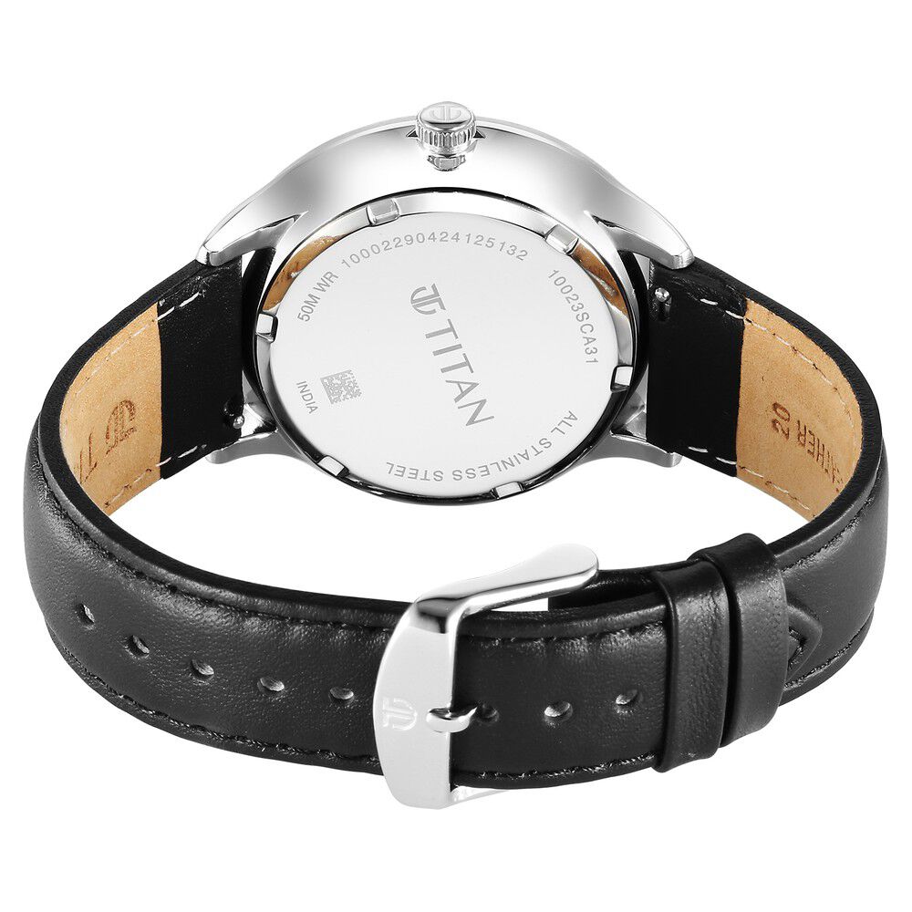 Titan Timeless Treasures Quartz Analog with Date White Dial With Black Color Leather Strap Watch For Men 10023SL05