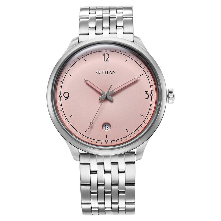 Titan Timeless Treasures Quartz Analog with Date Pink Dial With Silver Color Stainless Steel Strap Watch For Men 10023SM01