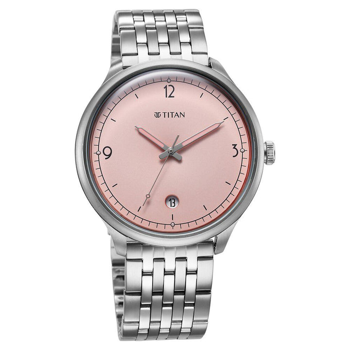 Titan Timeless Treasures Quartz Analog with Date Pink Dial With Silver Color Stainless Steel Strap Watch For Men 10023SM01