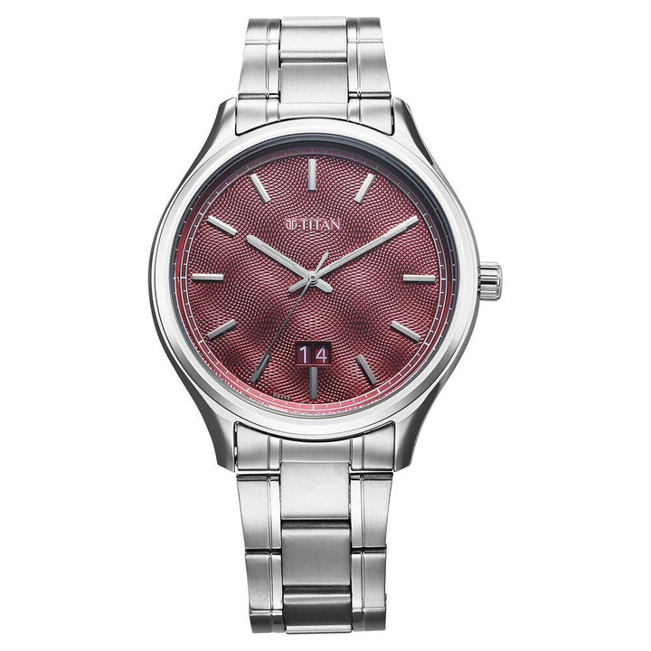 Titan Palette Of Time Quartz Analog with Date Maroon Dial Stainless Steel Strap Watch For Men 10033SM02