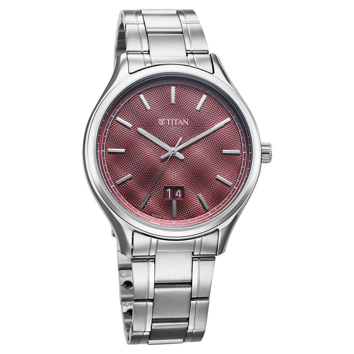 Titan Palette Of Time Quartz Analog with Date Maroon Dial Stainless Steel Strap Watch For Men 10033SM02
