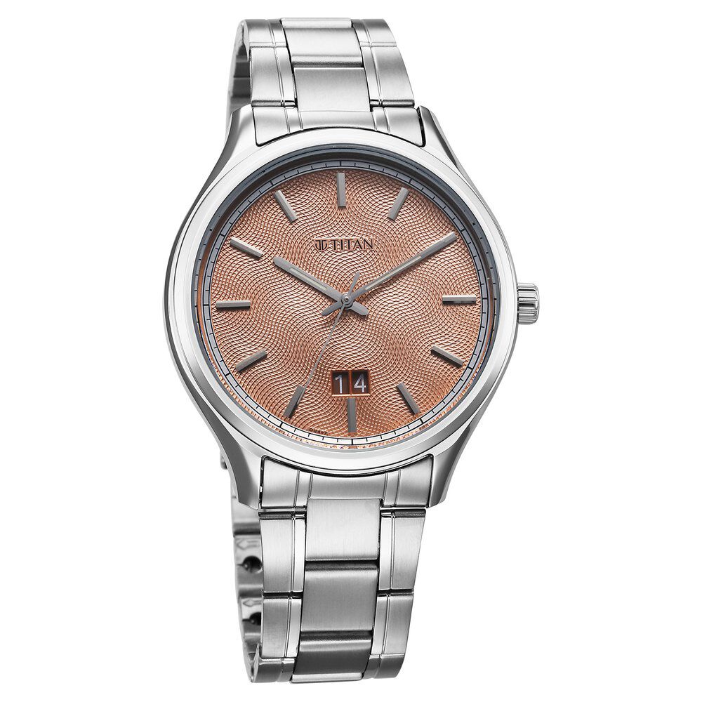 Titan Palette Of Time Quartz Analog with Date Orange Dial Stainless Steel Strap Watch For Men 10033SM04
