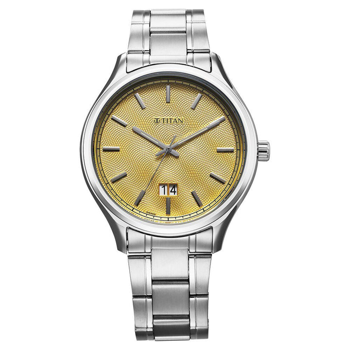 Titan Palette Of Time Quartz Analog with Date Yellow Dial Stainless Steel Strap Watch For Men 10033SM06