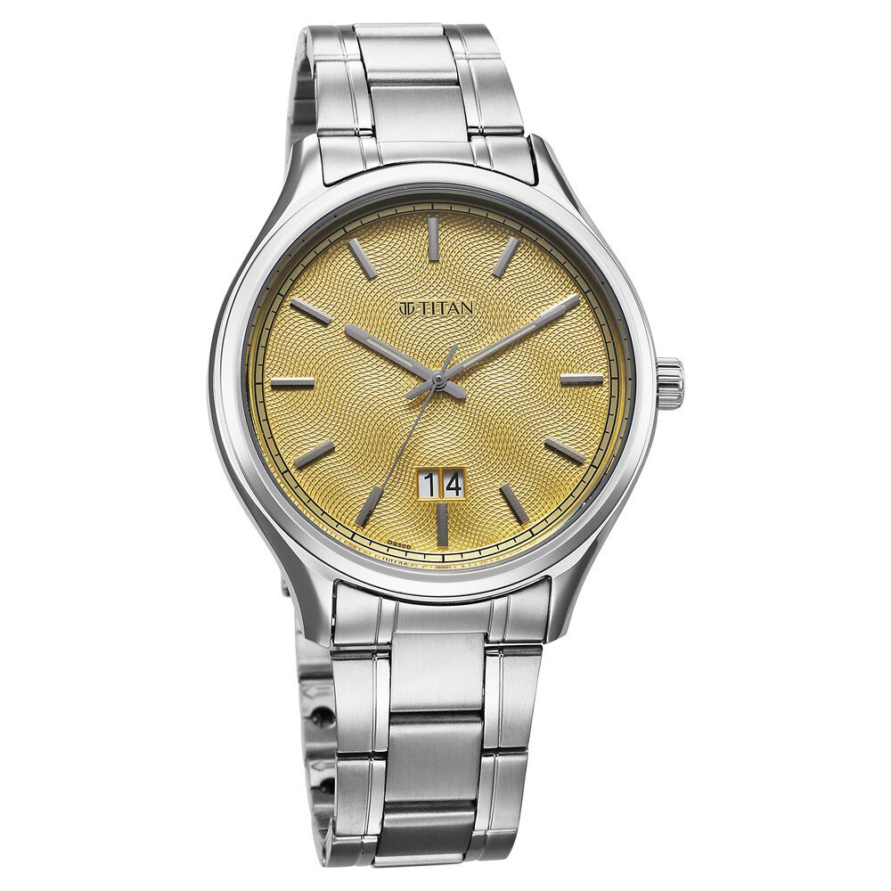 Titan Palette Of Time Quartz Analog with Date Yellow Dial Stainless Steel Strap Watch For Men 10033SM06