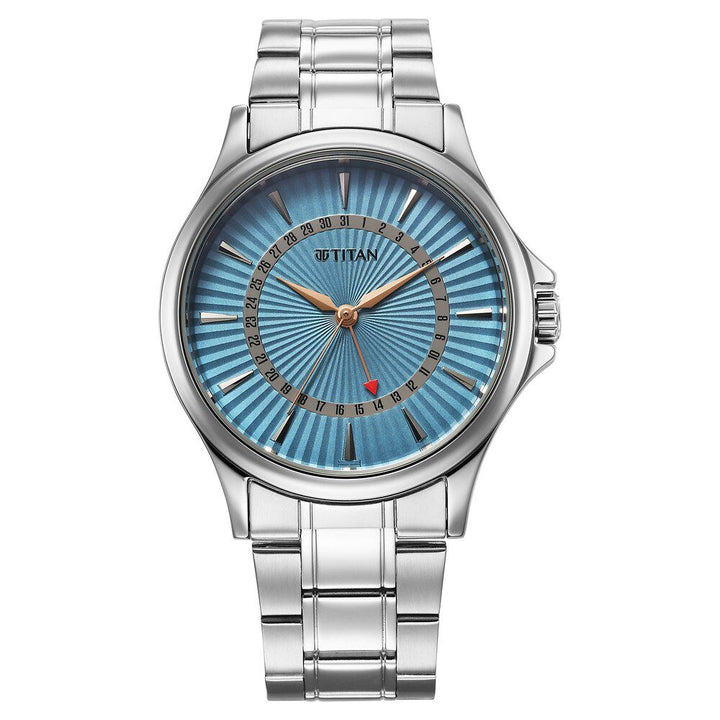 Titan Karishma Quartz Analog with Date Blue Dial Stainless Steel Strap Watch For Men 10038SM01