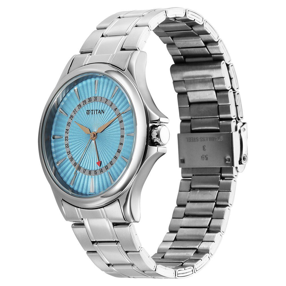 Titan Karishma Quartz Analog with Date Blue Dial Stainless Steel Strap Watch For Men 10038SM01