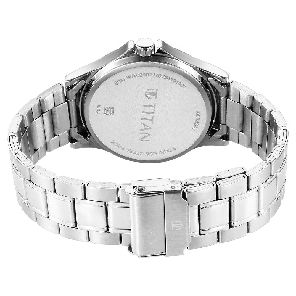 Titan Karishma Quartz Analog with Date Blue Dial Stainless Steel Strap Watch For Men 10038SM01