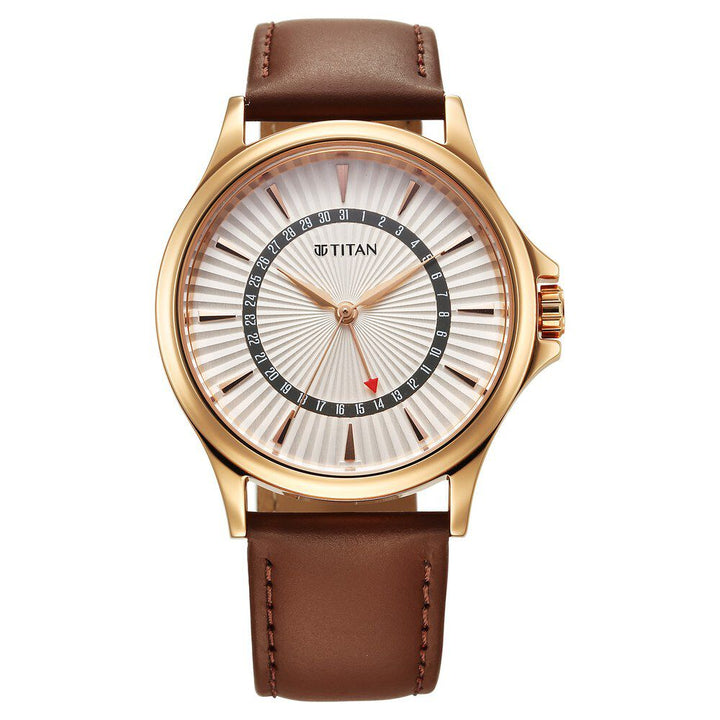 Titan Karishma Quartz Analog with Date Silver Dial Leather Strap Watch For Men 10038WL01