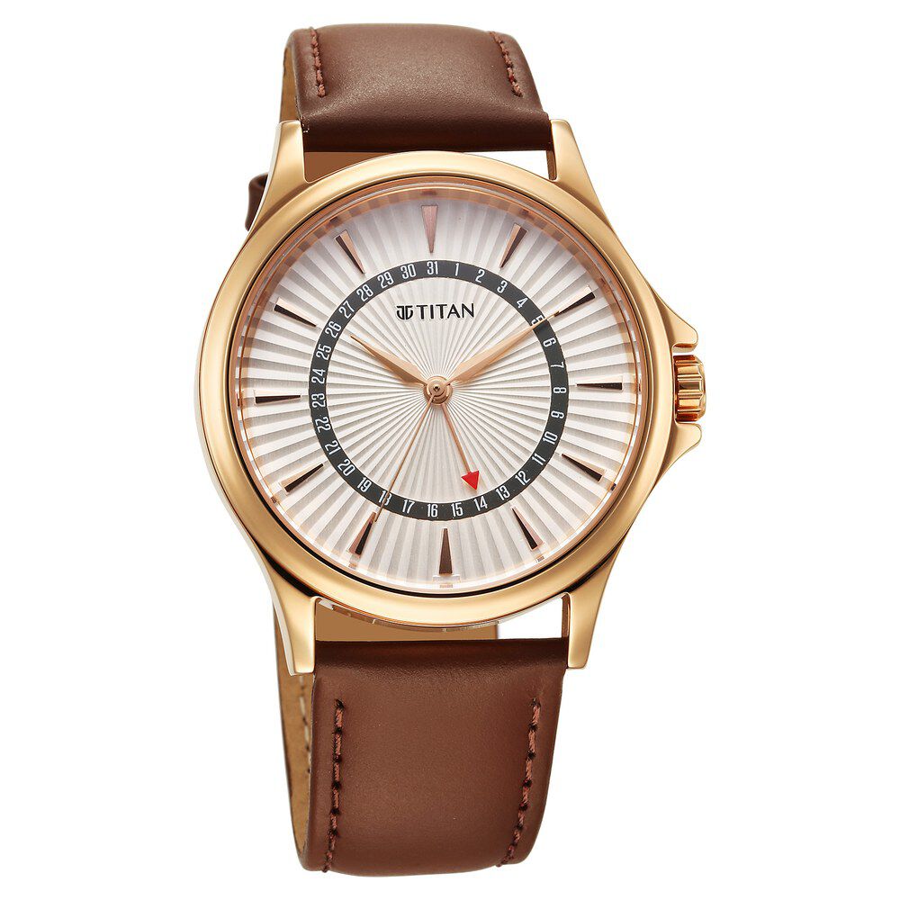 Titan Karishma Quartz Analog with Date Silver Dial Leather Strap Watch For Men 10038WL01