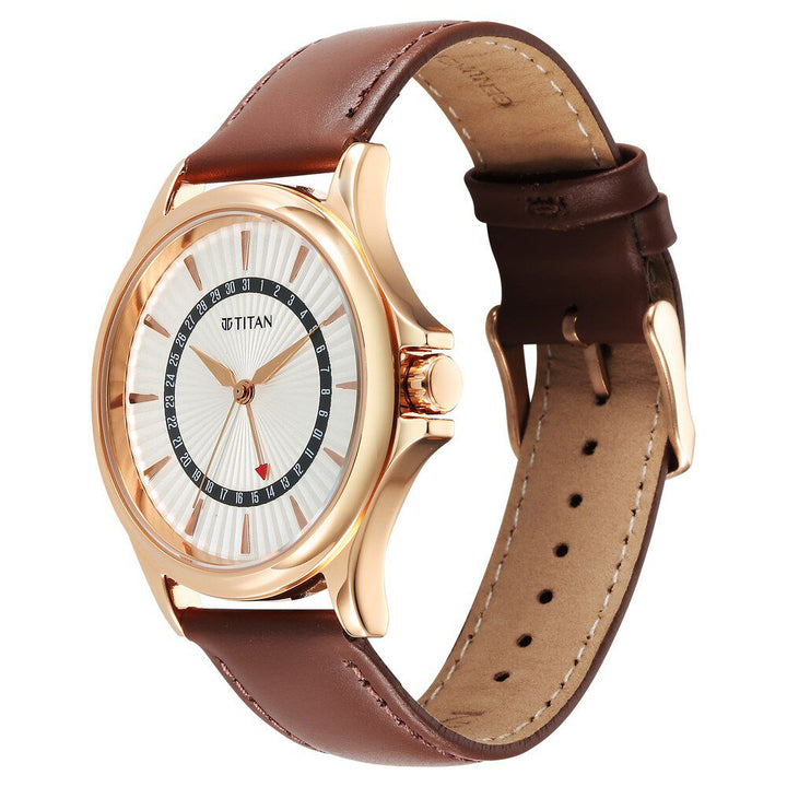 Titan Karishma Quartz Analog with Date Silver Dial Leather Strap Watch For Men 10038WL01