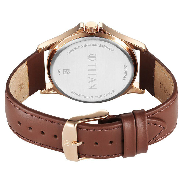 Titan Karishma Quartz Analog with Date Silver Dial Leather Strap Watch For Men 10038WL01