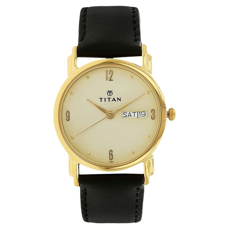 Titan Karishma Champagne Dial Analog With Day And Date Leather Strap Watch For Men