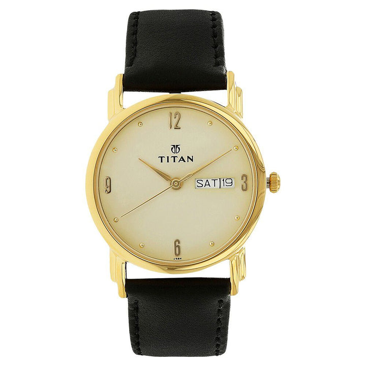 Titan Karishma Champagne Dial Analog with Day and Date Leather Strap watch for Men NM1445YL05