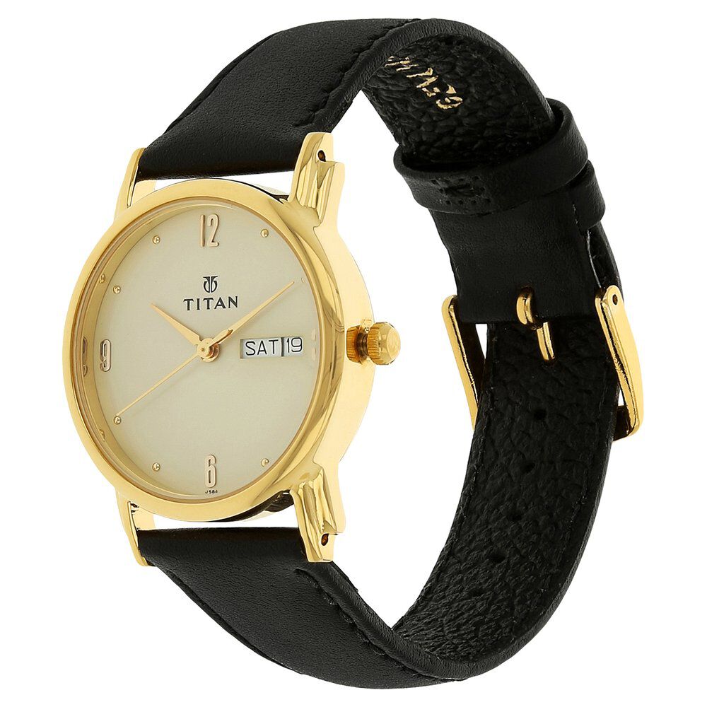 Titan Karishma Champagne Dial Analog with Day and Date Leather Strap watch for Men NM1445YL05