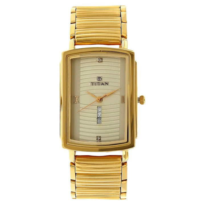 Titan Quartz Analog with Day and Date Champagne Dial Stainless Steel Strap Watch for Men-NK1459YM02