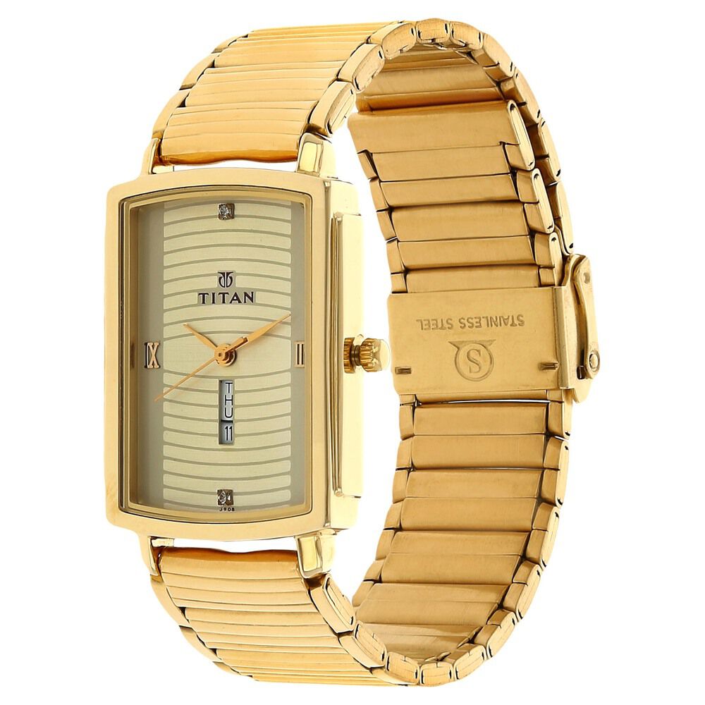 Titan Quartz Analog with Day and Date Champagne Dial Stainless Steel Strap Watch for Men-NK1459YM02