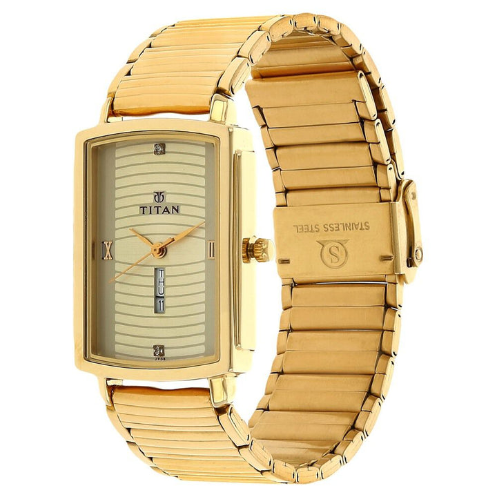 Titan Quartz Analog with Day and Date Champagne Dial Stainless Steel Strap Watch for Men-NK1459YM02