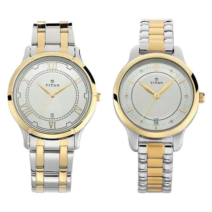 TITAN Bandhan Silver White Dial Stainless Steel Pair Watches NP17752481BM01