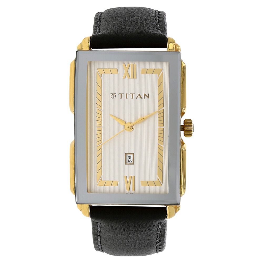 Titan Rectangle Silver Dial Analog with Date Leather Strap watch for Men-NJ1485YL01