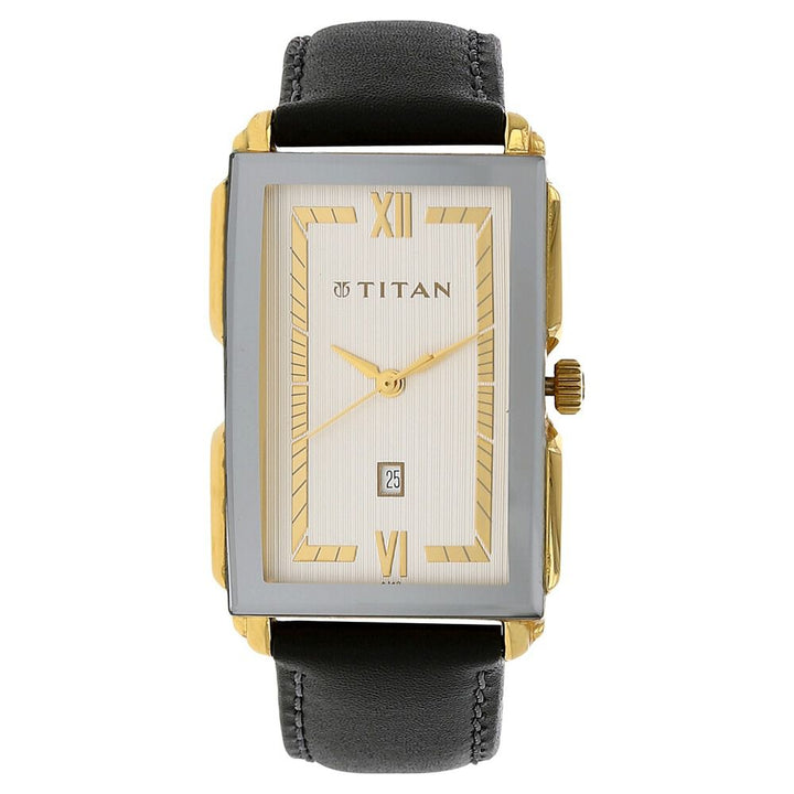 Titan Rectangle Silver Dial Analog with Date Leather Strap watch for Men-NJ1485YL01