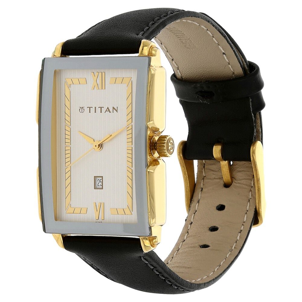 Titan Rectangle Silver Dial Analog with Date Leather Strap watch for Men-NJ1485YL01
